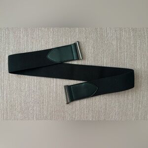 Cute Women’s Black Elastic Waist Belt with Leather Tabs and grey metal buckle